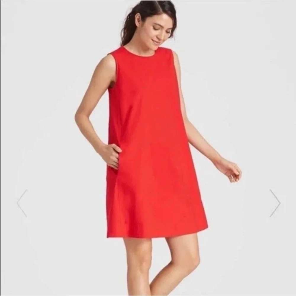 Eileen Fisher Organic Cotton Sleeveless Shift Dress Red Pockets Size M